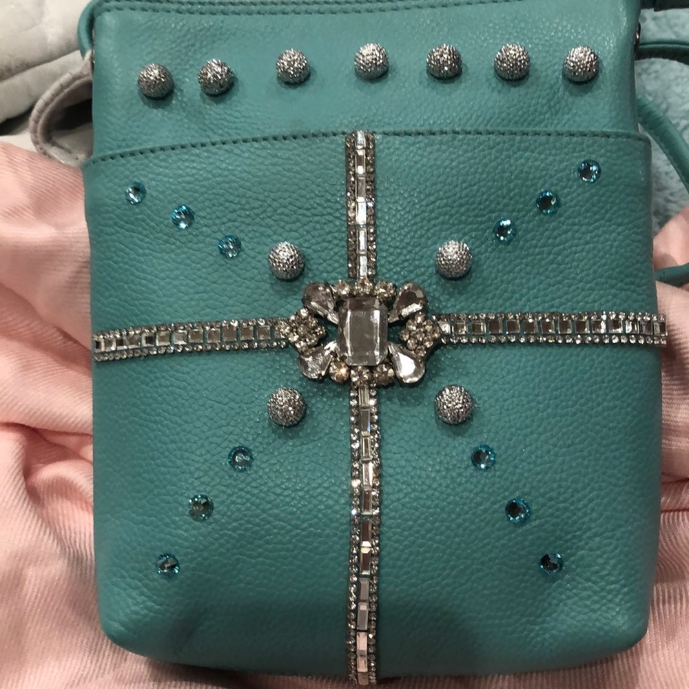Aqua Leather Rhinestone Crossbody Bag - Picture 1 of 4